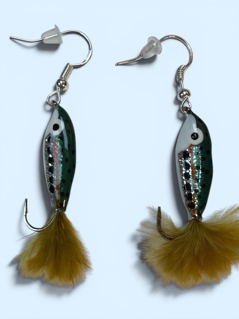 Fishing Lure Drop Earrings Green & Mustard Feather-Sterling Silver French hook